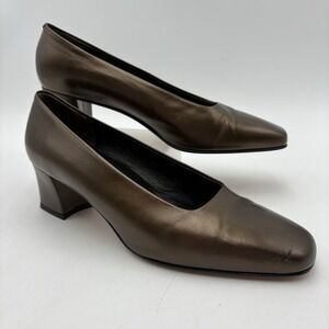 Amalfi Italy VTG Womens Sz 8.5 B Leather Pumps Brown Bronze Block Heel Classic